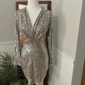 Express Silver Long Sleeve Sequin Dress